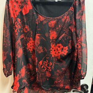 Blousology  women's Floral Red and Black Sheer Women's Top size XL/ NWOT 946